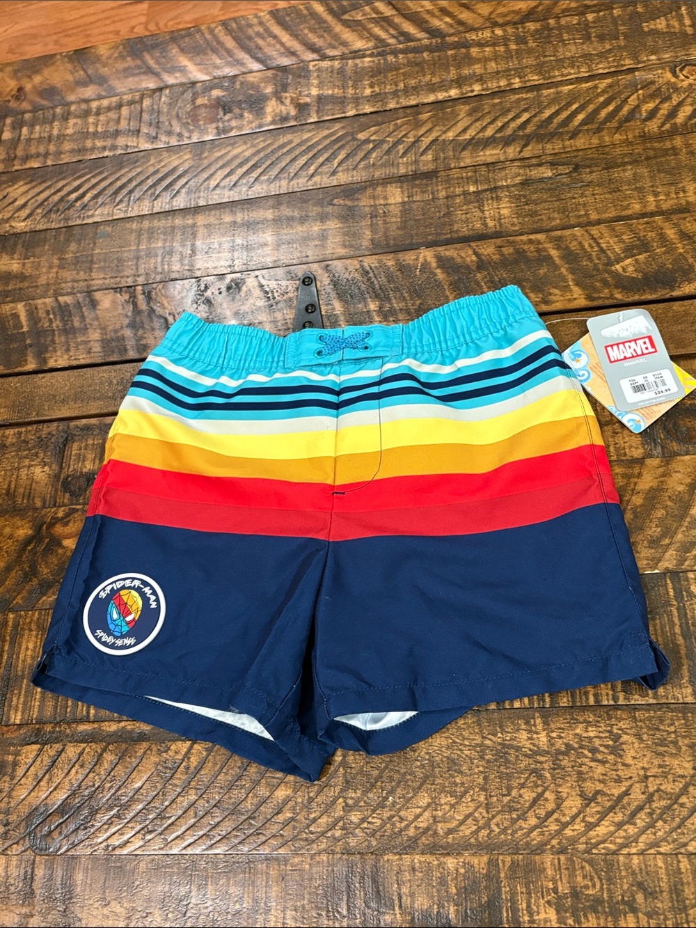 Marvel Multi-Stripe Blue, Turquoise, Yellow & Red Swim Shorts